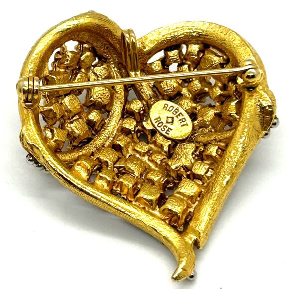 Vintage Gold-Tone Rhinestone Heart Brooch Matching Clip-On Earrings Robert Rose - Picture 7 of 16